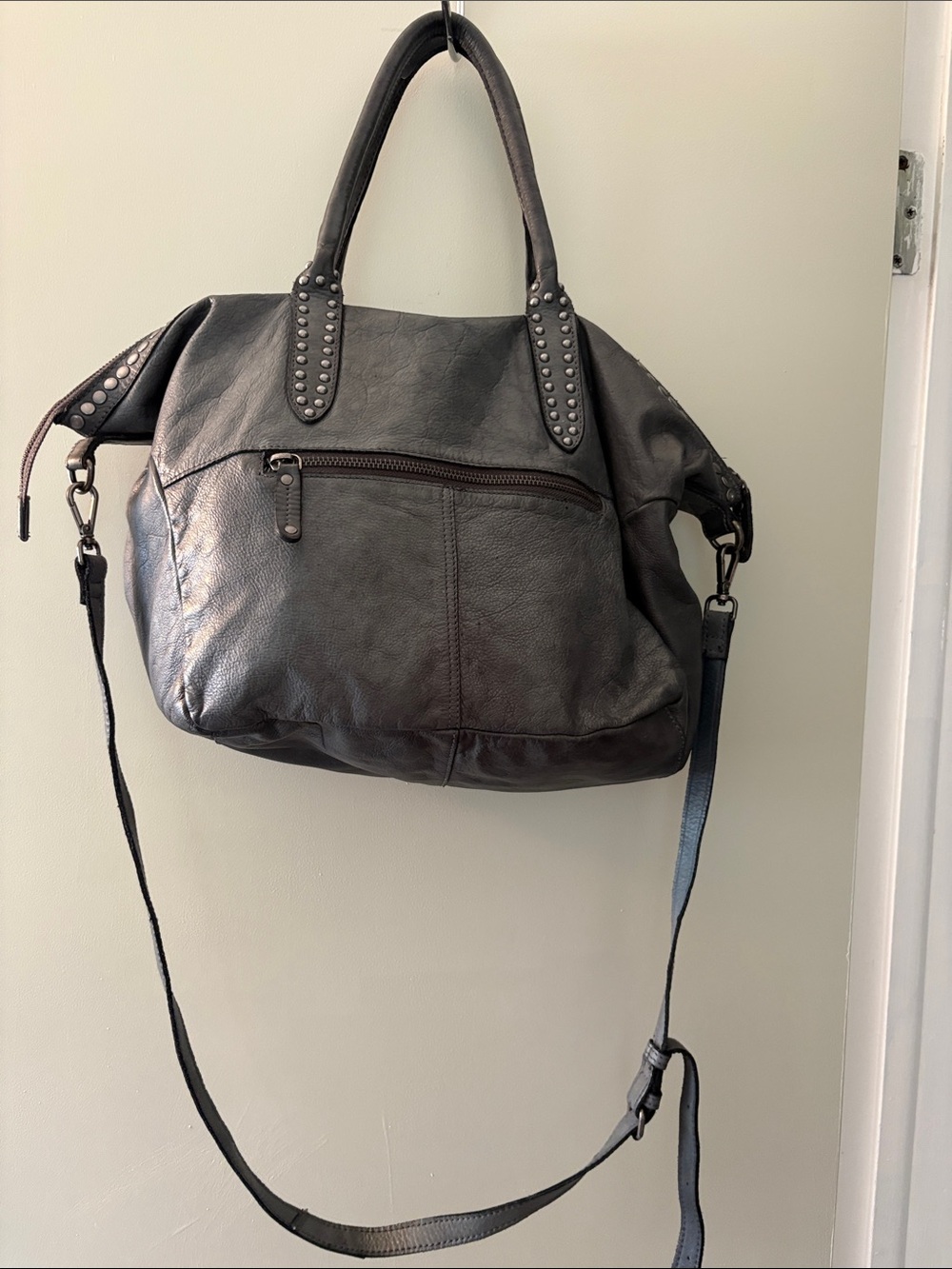 Soft leather studded leather bag with long strap